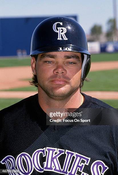 Dante Bichette of the Colorado Rockies looks into the camera for this portrait prior to the start of a Major League Baseball spring training game...