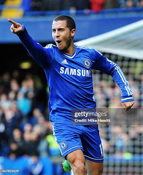 Eden Hazard of Chelsea celebrates scoring during the Barclays Premier League match between Cheslea and Newcastle United at Stamford Bridge on...