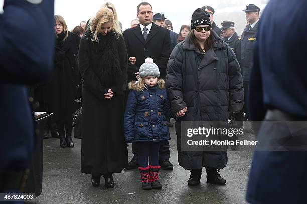 Widow Iva atends with daughter Nastassja ansd granddaughter Lea Magdalena the funeral service for actor Maximilian Schell at Pfarrkirche on February...