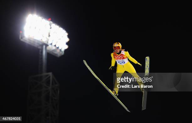 Noriaki Kasai of Japan jumps during the Men's Normal Hill Individual Qualification on day 1 of the Sochi 2014 Winter Olympics at the RusSki Gorki Ski...