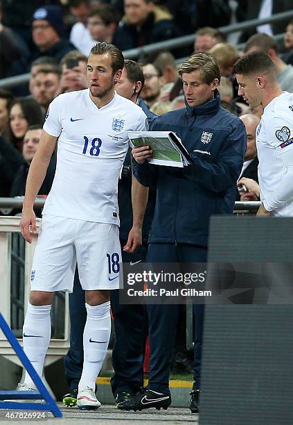 Harry Kane of England prepares to go on during the EURO 2016 Qualifier match between England and Lithuania at Wembley Stadium on March 27, 2015 in...