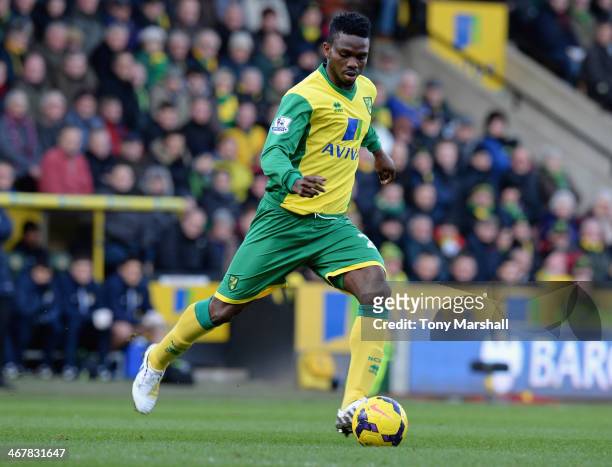 Joseph Yobo of Norwich City in action during the Barclays Premier League match between Norwich City and Manchester City at Carrow Road on February 8,...