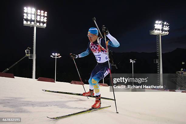 Serhiy Semenov of the Ukraine competes in the Men's Sprint 10 km during day one of the Sochi 2014 Winter Olympics at Laura Cross-country Ski &...