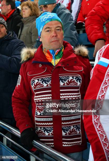 Russian Prime Minister Dmitry Medvedev attends the Men's Sprint 10 km during day one of the Sochi 2014 Winter Olympics at Laura Cross-country Ski &...