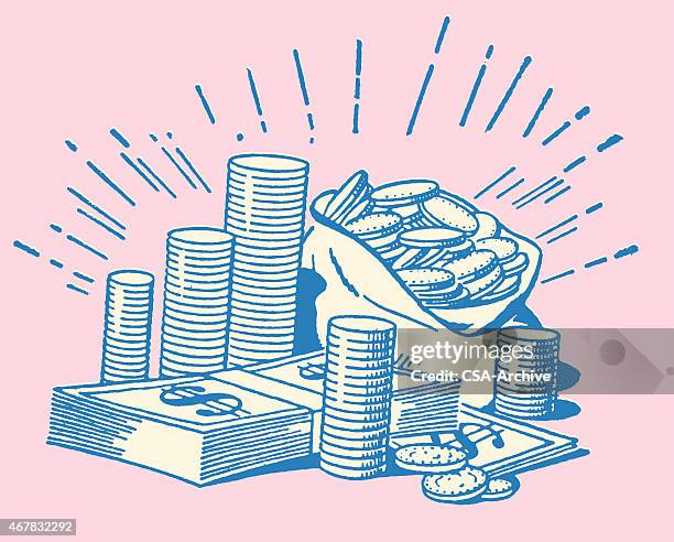 shiny pile of coins and bills - bag of money stock illustrations