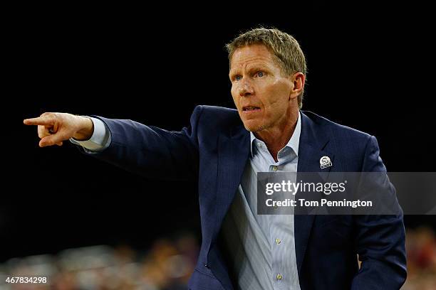 Head coach Mark Few of the Gonzaga Bulldogs reacts against the UCLA Bruins during a South Regional Semifinal game of the 2015 NCAA Men's Basketball...