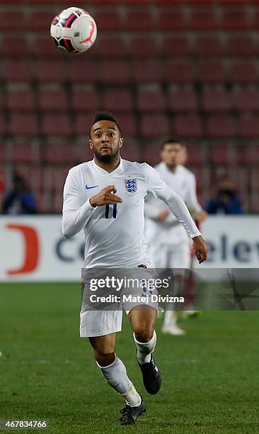 Nathan Redmond of England in action during the international friendly match between U21 Czech Republic and U21 England at Letna Stadium on March 27,...