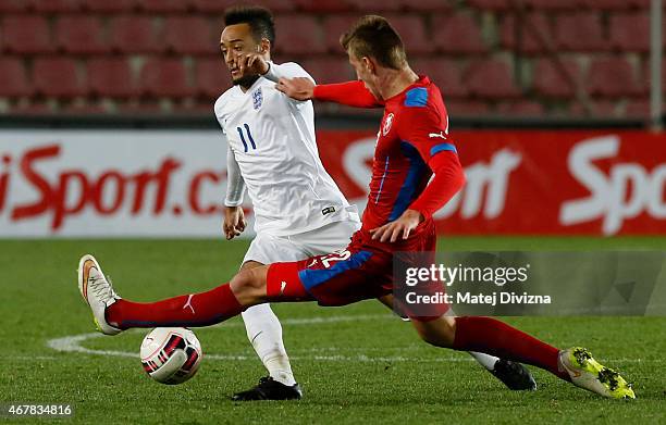 Ladislav Takacs of Czech Republic battles for the ball with Nathan Redmond of England during the international friendly match between U21 Czech...