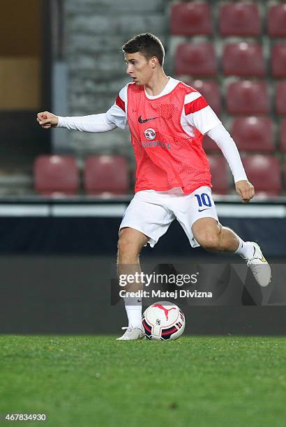 Tom Carroll of England warms up before the international friendly match between U21 Czech Republic and U21 England at Letna Stadium on March 27, 2015...