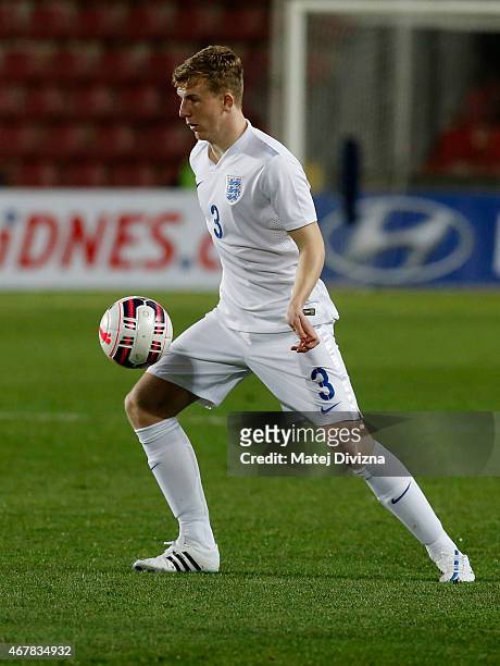 Matt Targett of England in action during the international friendly match between U21 Czech Republic and U21 England at Letna Stadium on March 27,...