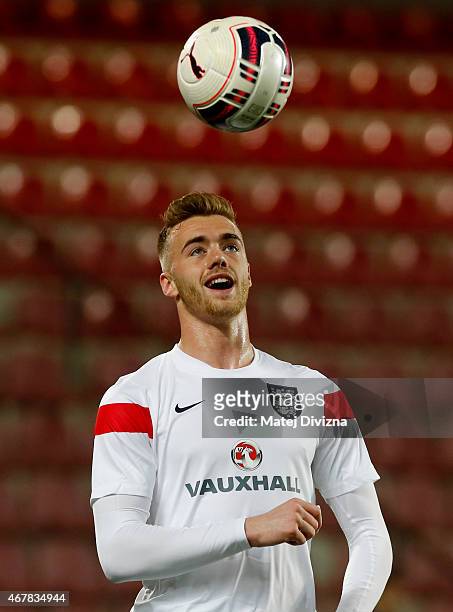 Calum Chambers of England warms up before the international friendly match between U21 Czech Republic and U21 England at Letna Stadium on March 27,...