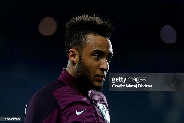 Nathan Redmond of England warms up before the international friendly match between U21 Czech Republic and U21 England at Letna Stadium on March 27,...