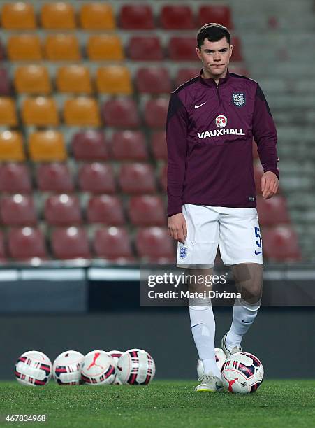 Michael Keane of England warms up before the international friendly match between U21 Czech Republic and U21 England at Letna Stadium on March 27,...