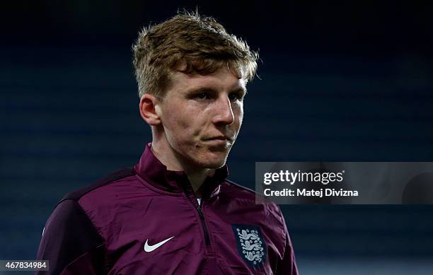 Matt Targett of England warms up before the international friendly match between U21 Czech Republic and U21 England at Letna Stadium on March 27,...