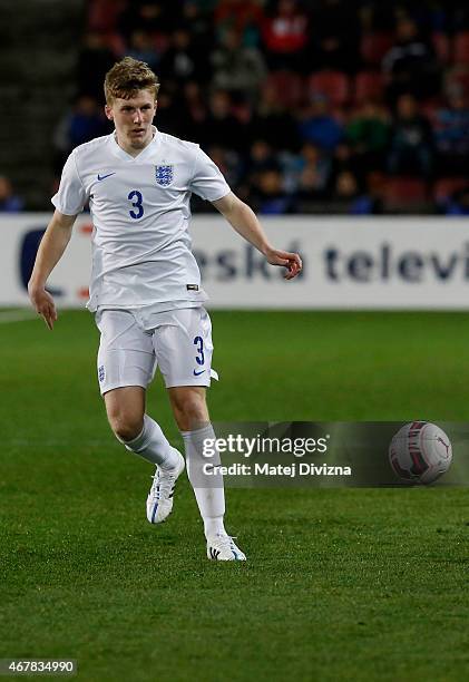 Matt Targett of England in action during the international friendly match between U21 Czech Republic and U21 England at Letna Stadium on March 27,...