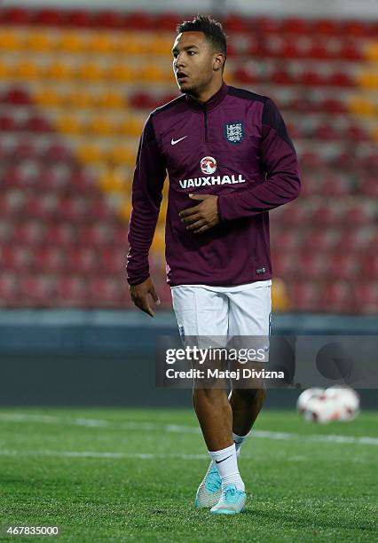 Liam Moore of England warms up before the international friendly match between U21 Czech Republic and U21 England at Letna Stadium on March 27, 2015...