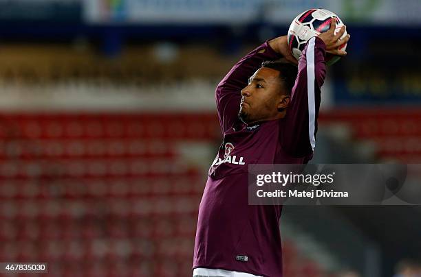 Liam Moore of England warms up before the international friendly match between U21 Czech Republic and U21 England at Letna Stadium on March 27, 2015...