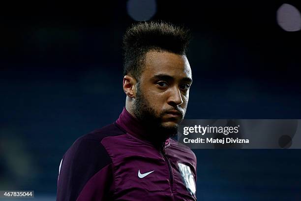 Nathan Redmond of England warms up before the international friendly match between U21 Czech Republic and U21 England at Letna Stadium on March 27,...