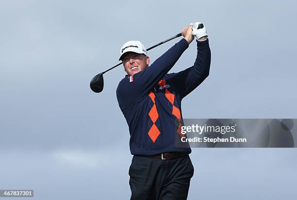 Points hits a tee shot during the first round of the AT&T Pebble Beach National Pro-Am at Monterey Peninsula Country Club on February 6, 2014 in...