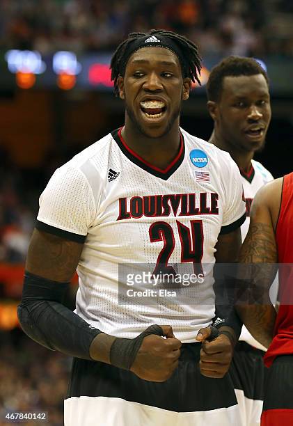 Montrezl Harrell of the Louisville Cardinals reacts after a shot in the first half of the game against the North Carolina State Wolfpack during the...