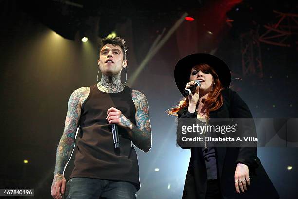 Fedez and Noemi perform on stage at Palalottomatica on March 27, 2015 in Rome, Italy.