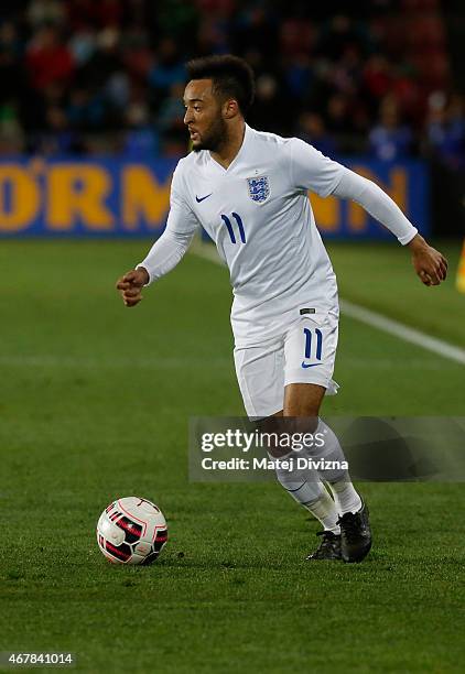 Nathan Redmond of England in action during the international friendly match between U21 Czech Republic and U21 England at Letna Stadium on March 27,...