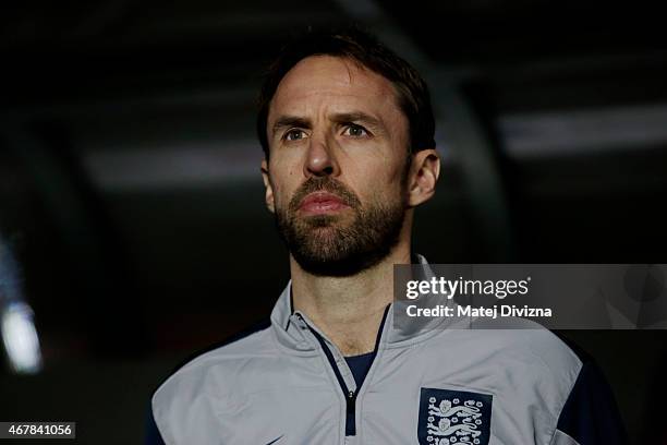 Head coach of England Gareth Southgate is seen before the international friendly match between U21 Czech Republic and U21 England at Letna Stadium on...