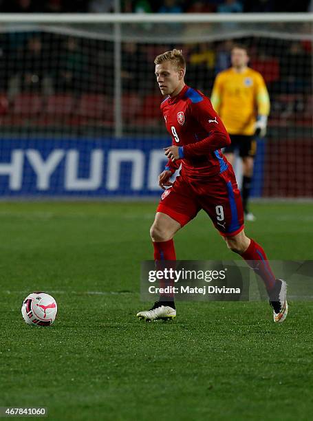 Matej Vydra of Czech Republic in action during the international friendly match between U21 Czech Republic and U21 England at Letna Stadium on March...