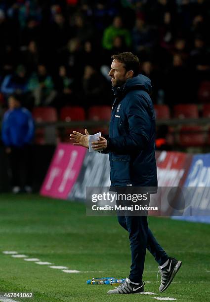 Head coach of England Gareth Southgate reacts during the international friendly match between U21 Czech Republic and U21 England at Letna Stadium on...