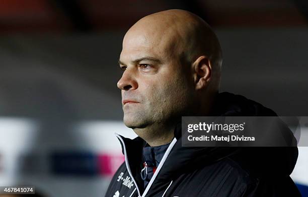 Head coach of Czech Republic Jakub Dovalil is seen during the international friendly match between U21 Czech Republic and U21 England at Letna...