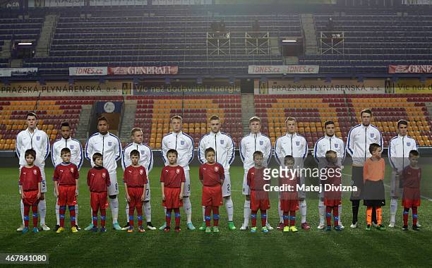 Players of England sing national anthem before the international friendly match between U21 Czech Republic and U21 England at Letna Stadium on March...
