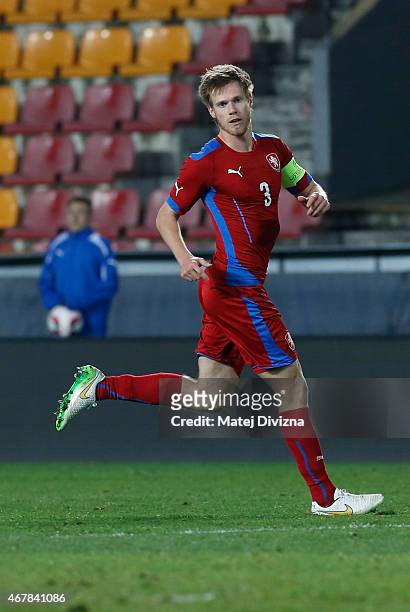 Tomas Kalas of Czech Republic in action during the international friendly match between U21 Czech Republic and U21 England at Letna Stadium on March...
