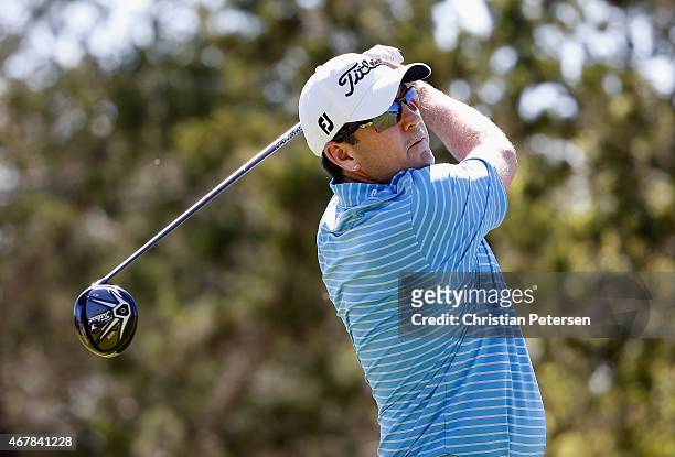Ben Curtis tees off on the 12th hole during round two of the Valero Texas Open at TPC San Antonio AT&T Oaks Course on March 27, 2015 in San Antonio,...