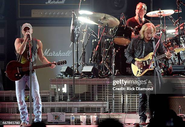 Kenny Chesney and Joe Walsh perform onstage during Kenny Chesney's The Big Revival 2015 Tour kick-off for a 55 show run through August. The...