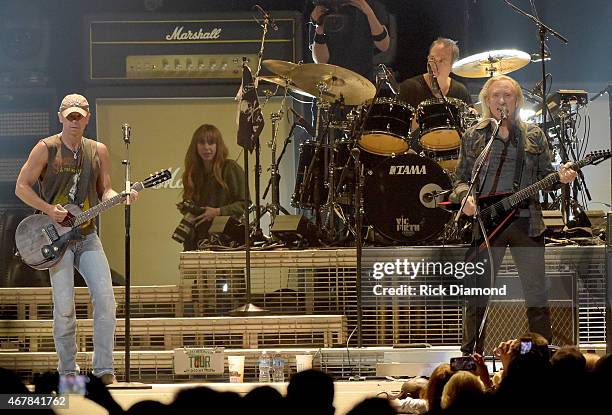 Kenny Chesney and Joe Walsh perform onstage during Kenny Chesney's The Big Revival 2015 Tour kick-off for a 55 show run through August. The...