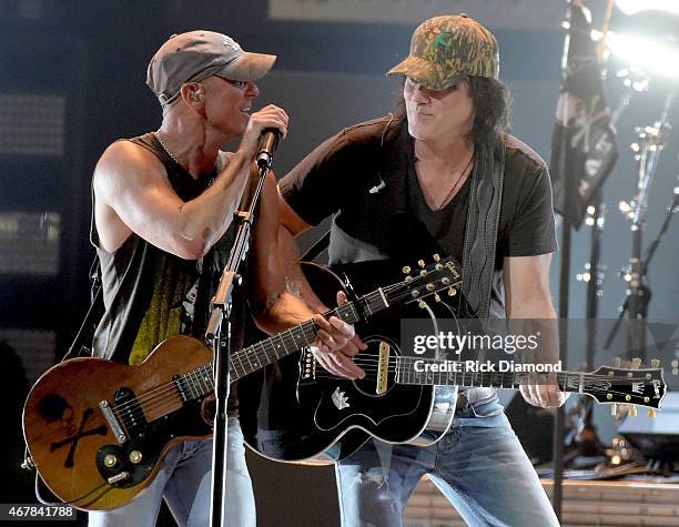 Kenny Chesney and David Lee Murphy perform onstage during Kenny Chesney's The Big Revival 2015 Tour kick-off for a 55 show run through August. The...