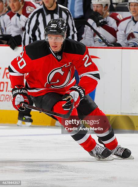 Ryan Carter of the New Jersey Devils skates during the game against the Colorado Avalanche at the Prudential Center on February 3, 2014 in Newark,...