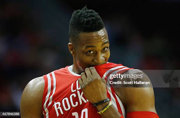 Dwight Howard of the Houston Rockets walks across the court during their game against the Minnesota Timberwolves at the Toyota Center on March 27,...