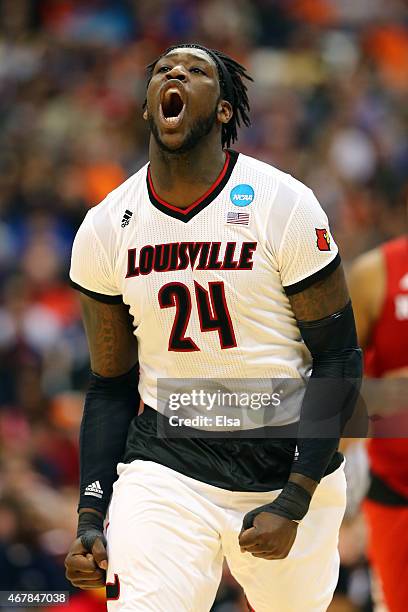 Montrezl Harrell of the Louisville Cardinals reacts after a shot against the North Carolina State Wolfpack in the second half of the game during the...