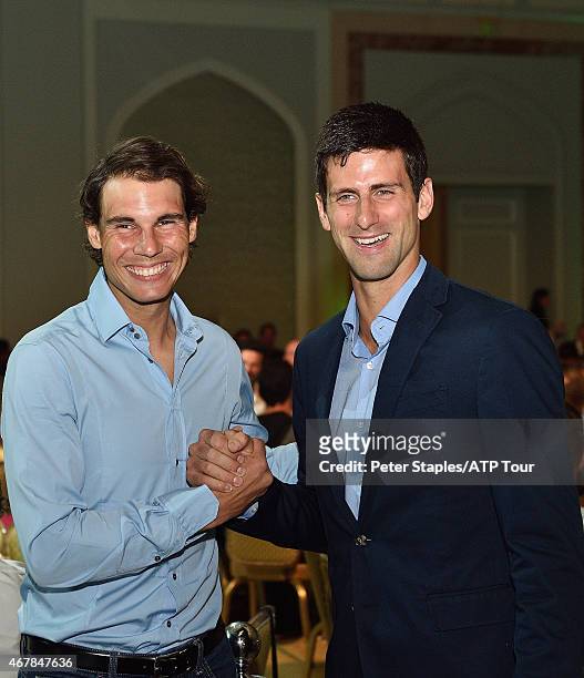 Rafael Nadal and Novak Djokovic attend the Qatar ExxonMobil Open Players' Dinner Party at the Four Seasons Hotel on January 4, 2015 in Doha, Qatar.