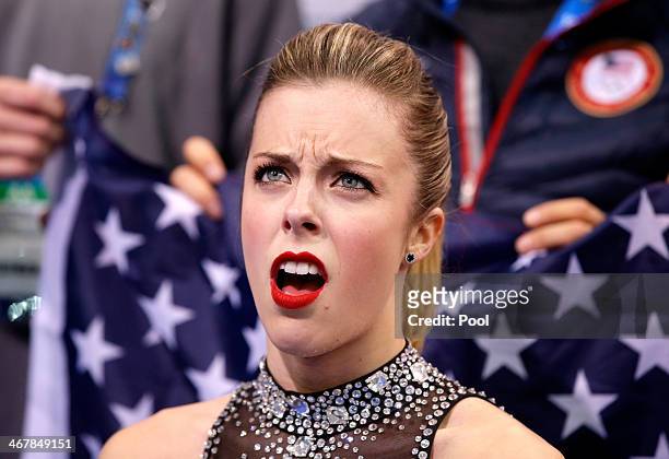Ashley Wagner of the United States reacts to her score after competing in the Figure Skating Team Ladies Short Program during day one of the Sochi...