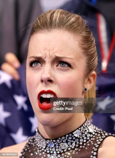 Ashley Wagner of the United States reacts to her score after competing in the Figure Skating Team Ladies Short Program during day one of the Sochi...