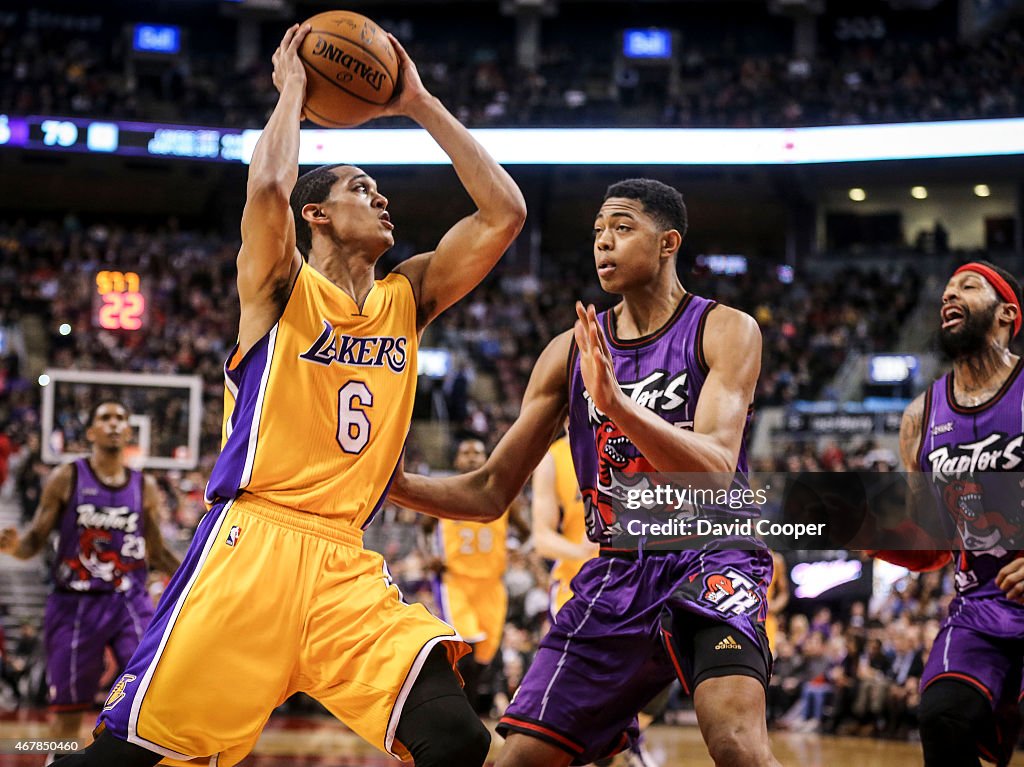 Bruno Caboclo (5) of the Toronto Raptors boxs out Ryan Kelly (4) of the Los Angeles Lakers late in the game