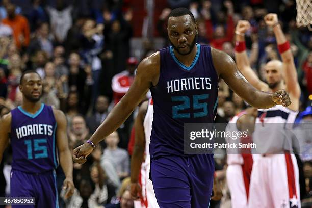 Al Jefferson of the Charlotte Hornets reacts after losing to the the Washington Wizards in double overtime at Verizon Center on March 27, 2015 in...