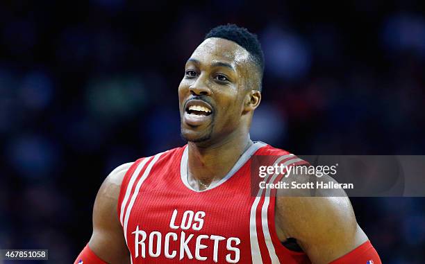 Dwight Howard of the Houston Rockets walks across the court during their game against the Minnesota Timberwolves at the Toyota Center on March 27,...