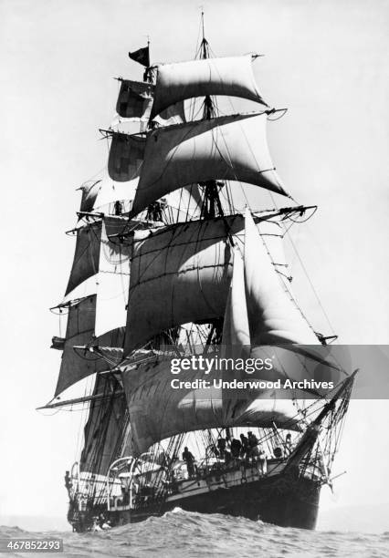 The frigate rigged sailing ship, the 'Joseph Conrad' as she leaves Australia under full sail on her trip around the world, Sydney, Australia,...