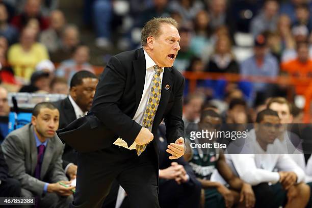 Head coach Tom Izzo of the Michigan State Spartans reacts in the first half of the game against the Oklahoma Sooners during the East Regional...