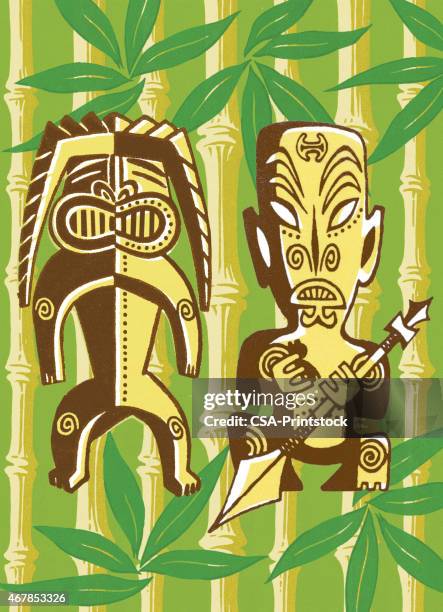 tiki figures in foilage - luau stock illustrations