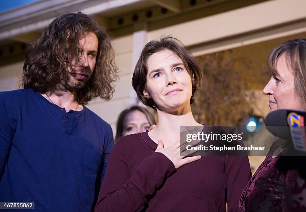 Amanda Knox speaks to the media during a brief press conference in front of her parents' home March 27, 2015 in Seattle, Washington. Knox and...