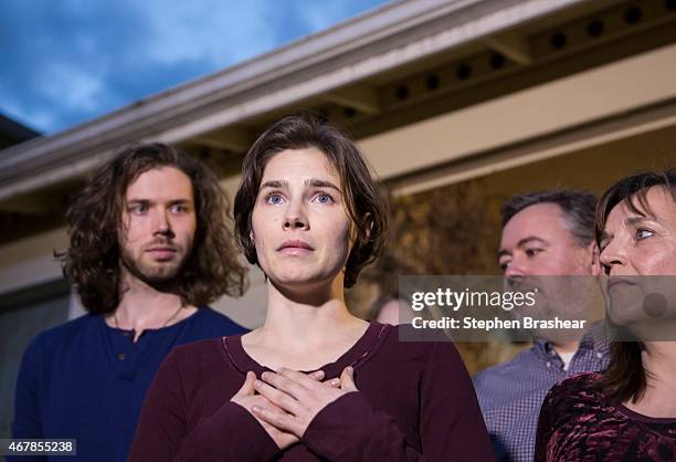Amanda Knox speaks to the media during a brief press conference in front of her parents' home March 27, 2015 in Seattle, Washington. Knox and...